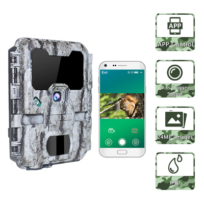 กล้องติดตามเกม 24MP กล้องสอดแนมไม่มีเรืองแสงสีดำอินฟราเรด Night Vision 0.25 วินาทีฟังก์ชั่นทริกเกอร์ wifi