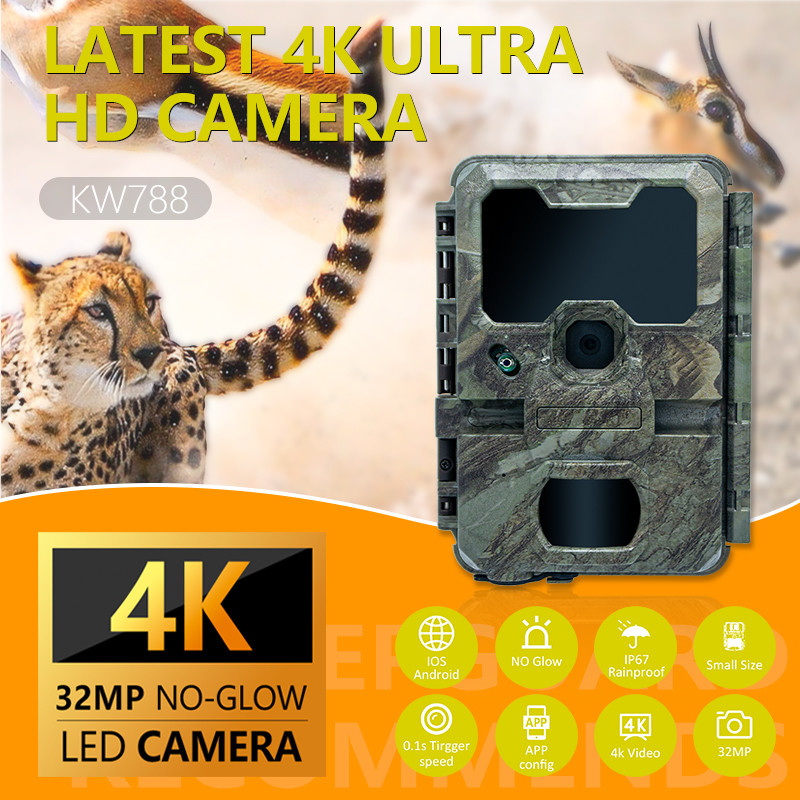 กล้องติดตามสัตว์ป่า มุมมองกลางคืน 0.1s ความเร็วในการจับ 32MP 4K กล้องล่า กันน้ํา IP67 กล้องสังเกตสัตว์ อุปกรณ์เสริมล่า