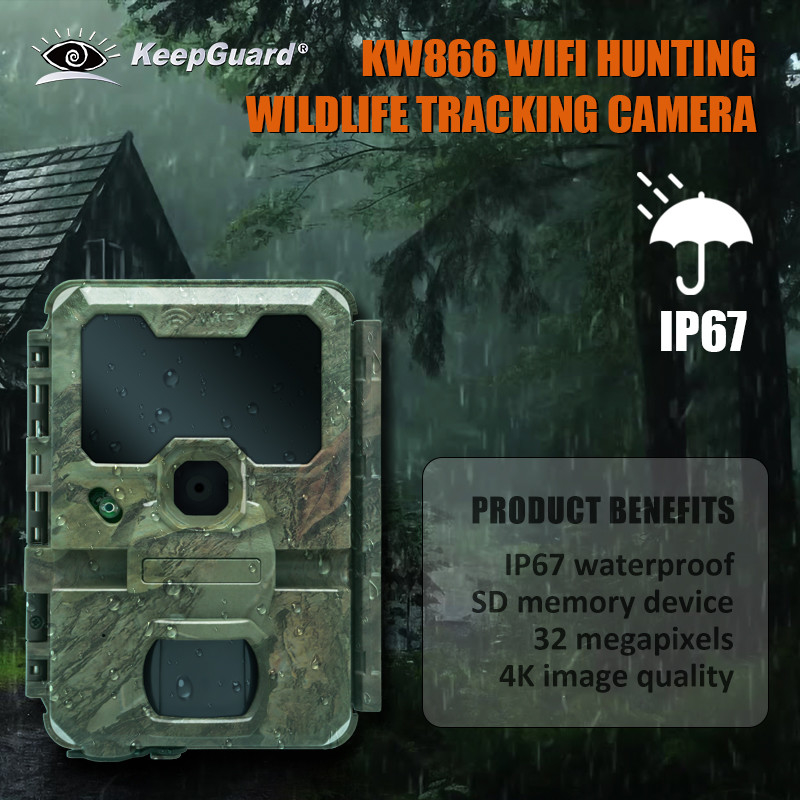 KW866 WIFI เส้นทางล่าสัตว์ป่า กล้อง กันน้ํา IP67 OEM/ODM 512GB Storage SD Memory Card 32MP 4K ใช้งานง่าย