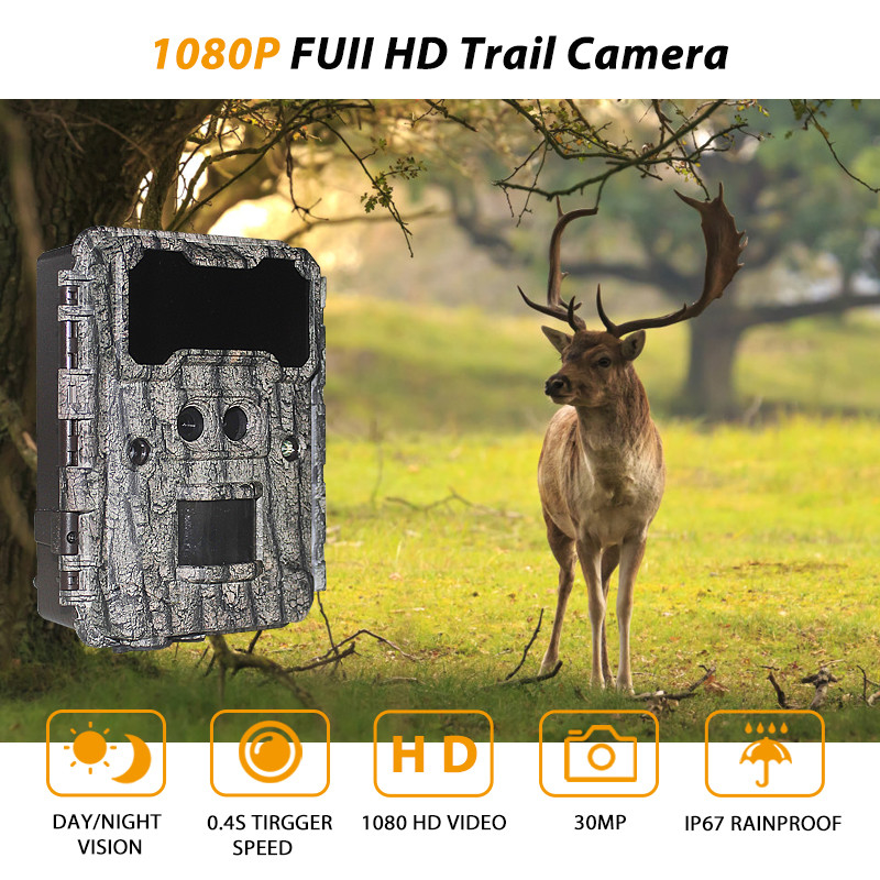 กล้องล่า 30MP HD พร้อมระบบมองเห็นกลางคืน LED ไม่มีแสงสว่าง และฟังก์ชัน PIR สําหรับการเฝ้าระวังสัตว์ป่า